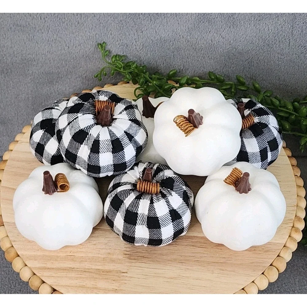 Black & White Buffalo Check Foam Pumpkins Fall Thanksgiving Table Decor 8 Pc NEW